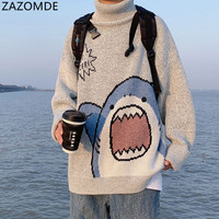 ZAZOMDE mężczyźni Turtlenecks Shark sweter mężczyźni 2022 zima patchwork Harajuku koreański styl na szyję ponadgabarytowy szary golf dla mężczyzn 1